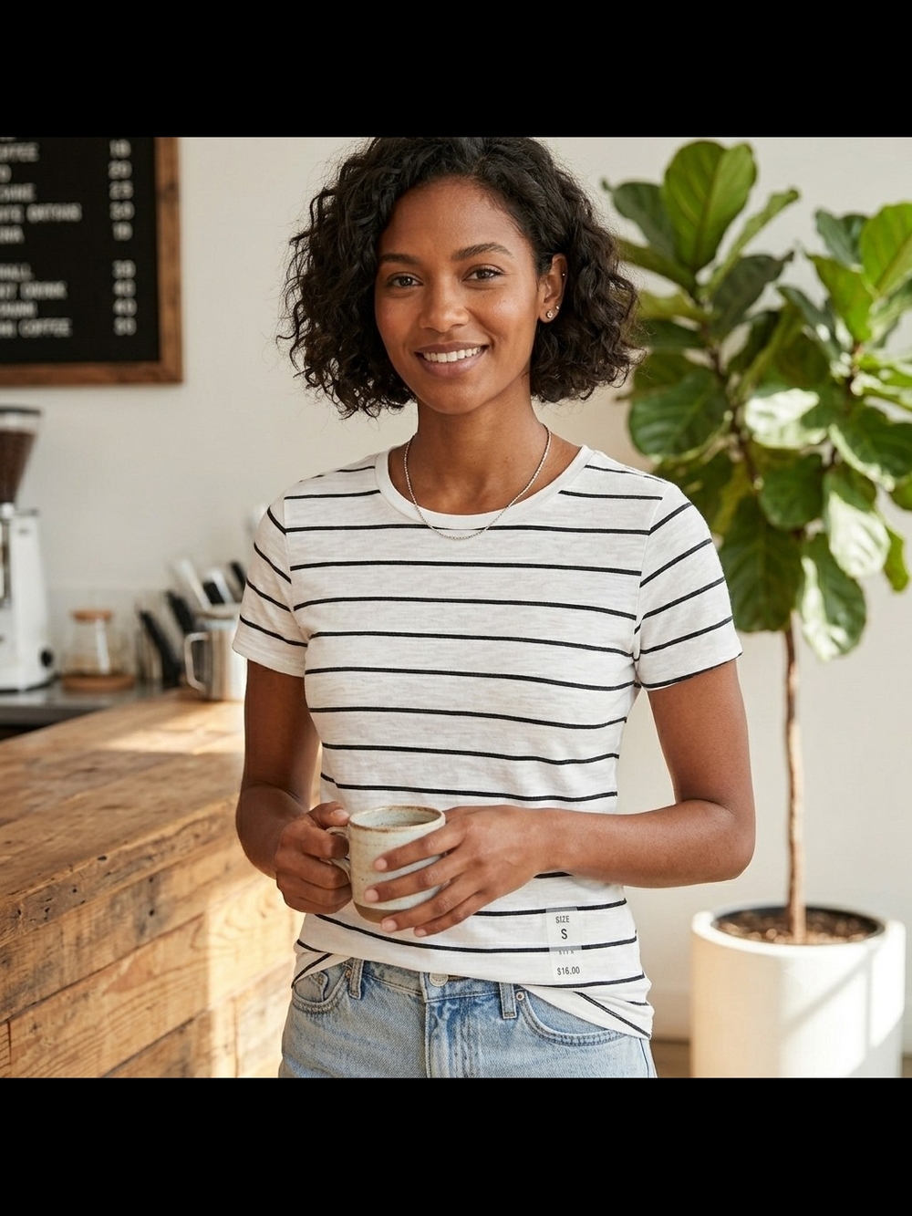Striped Short Sleeve Crewneck Tee - White/Black.               (SW26)